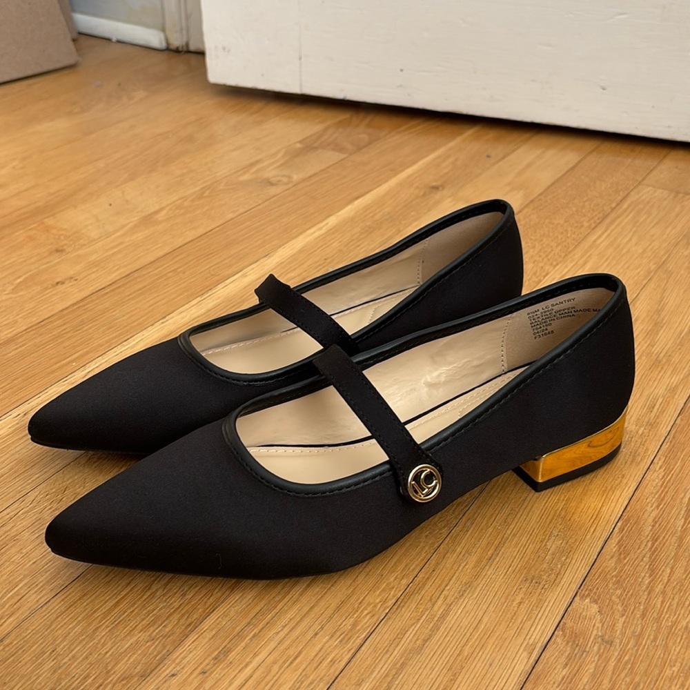 Pointed toe flat with gold heel